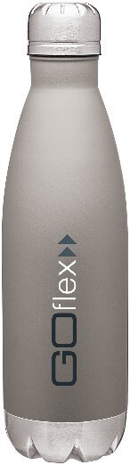 gray metal water bottle decorated with blue and white logo