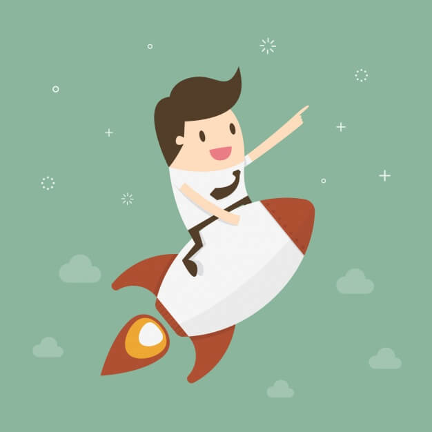 cartoon of businessman riding rocket toward space