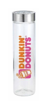 glass water bottle with steel lid decorated with orange and pink dunkin donuts logo