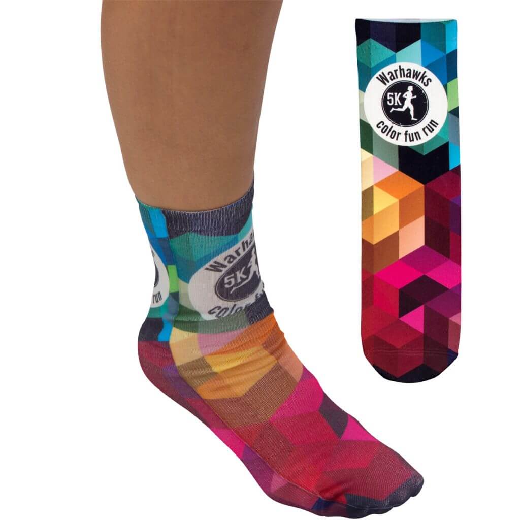 colorful promotional sock on foot depicting corporate logo