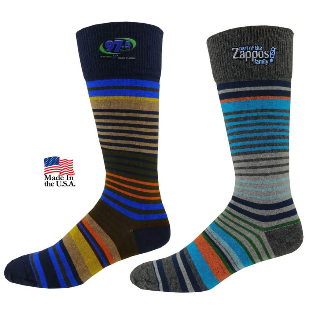 two striped socks embroidered with business logos on cuff