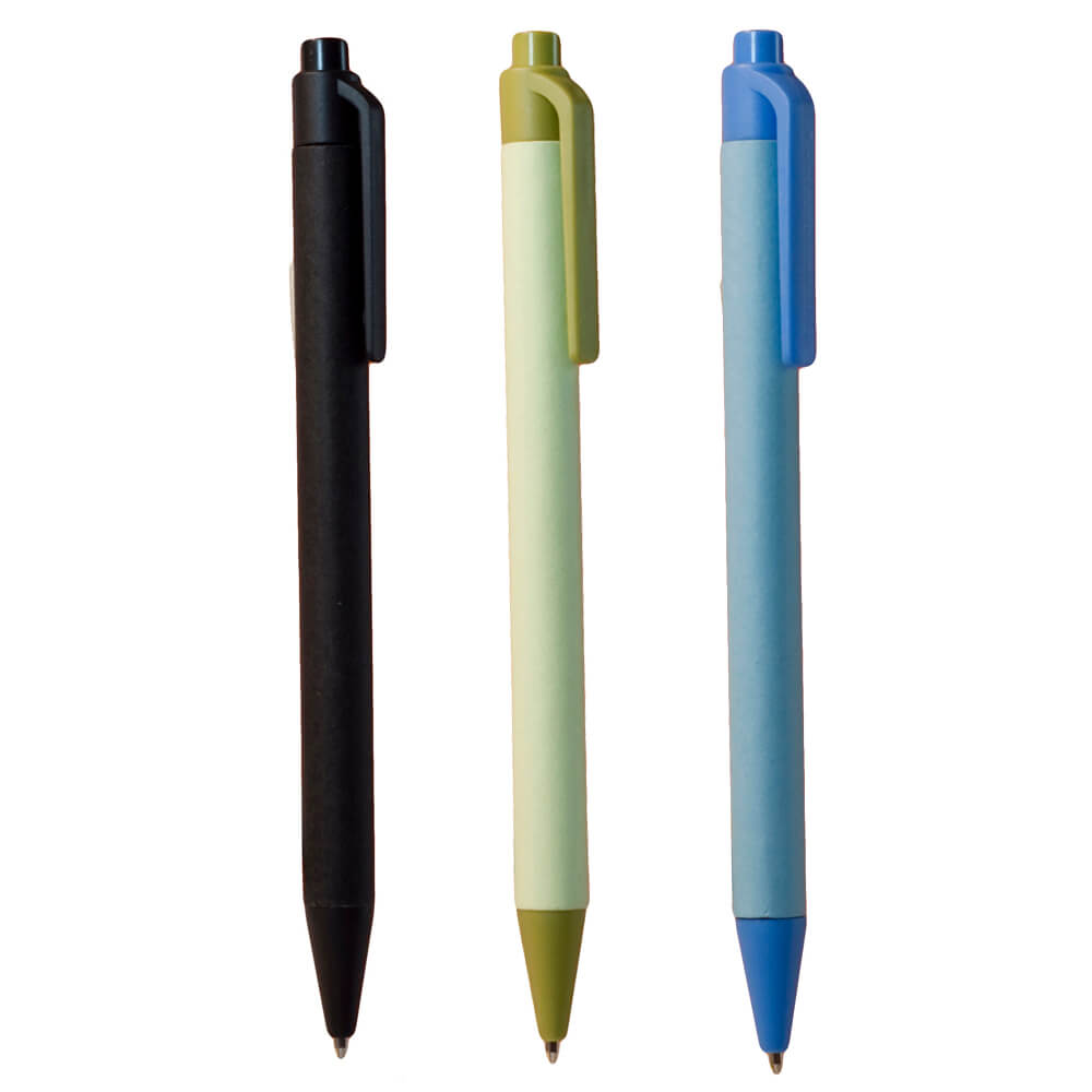 black, gold and blue eco-friendly pens made of paper and biodegradable plastic