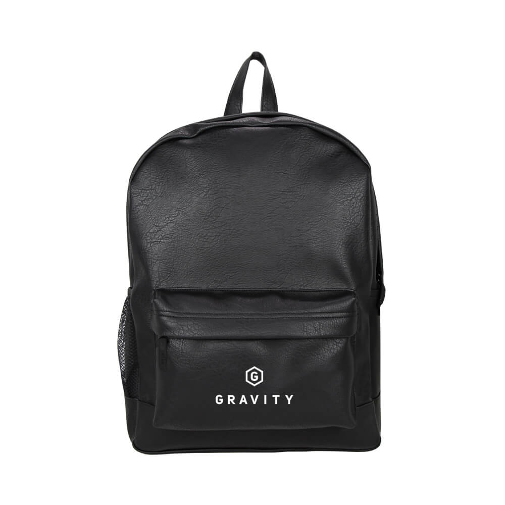 black backpack made of vegan leather labeled with gravity logo in white ink