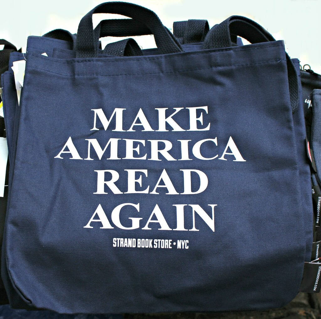 Branded tote from The Strand bookstore reading Make America Read Again