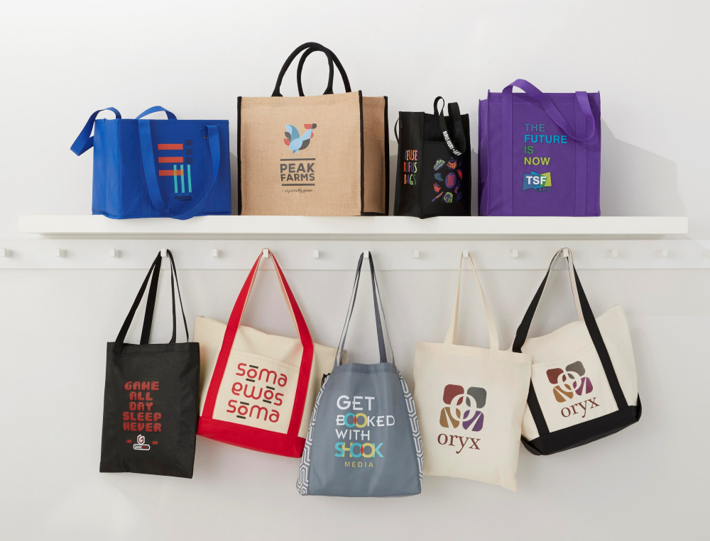 tote bags hanging on wall