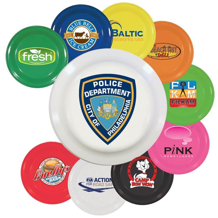 Array of colorful branded frisbees