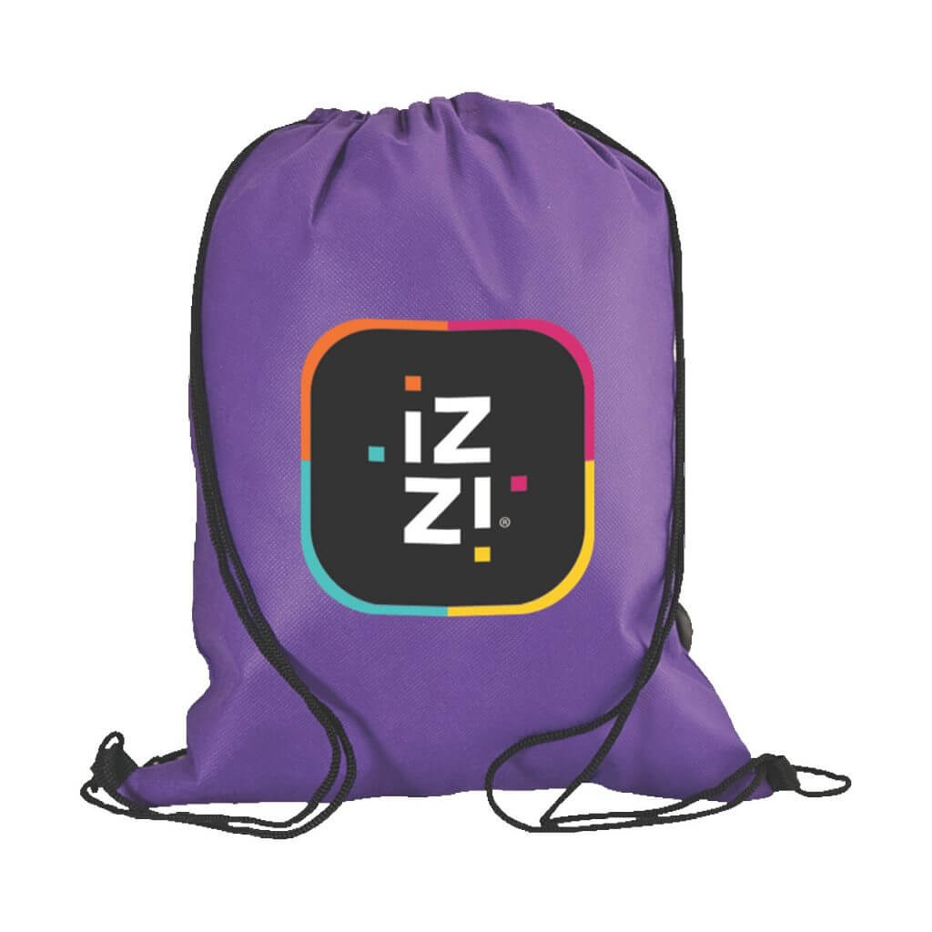 Purple drawstring backpack with full color logo art