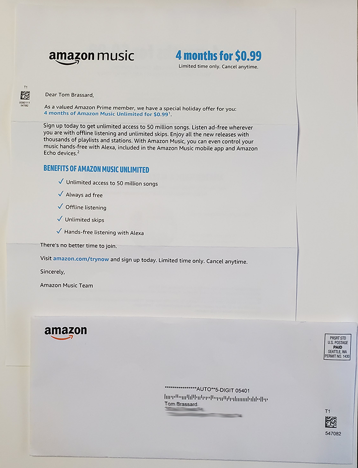 Amazon Direct Mail letter and envelope