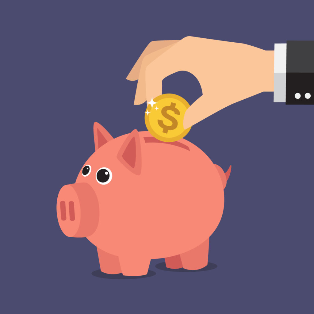 Illustration of hand putting coin in piggy bank